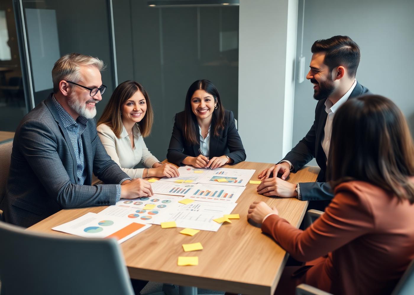 Marketing strategists reviewing performance reports together in a meeting room