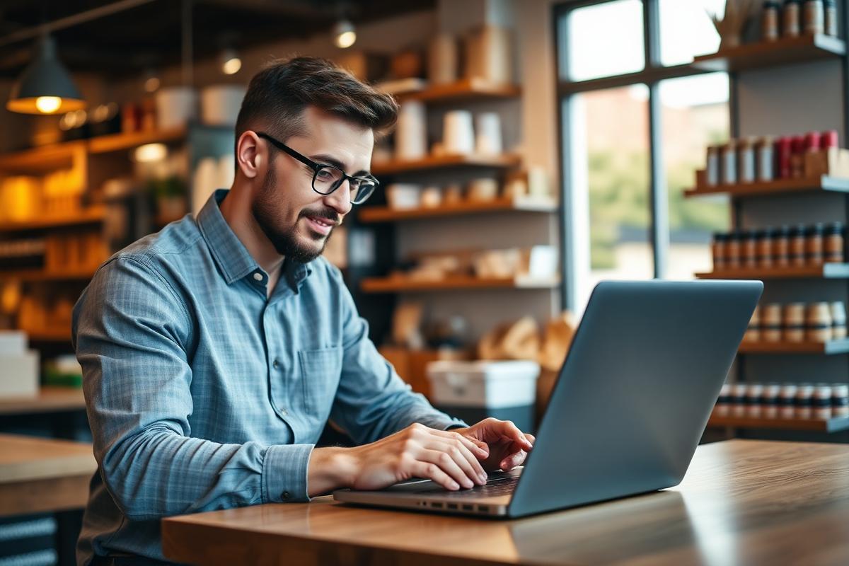 Small business owner reviewing online marketing results on a laptop in a shop