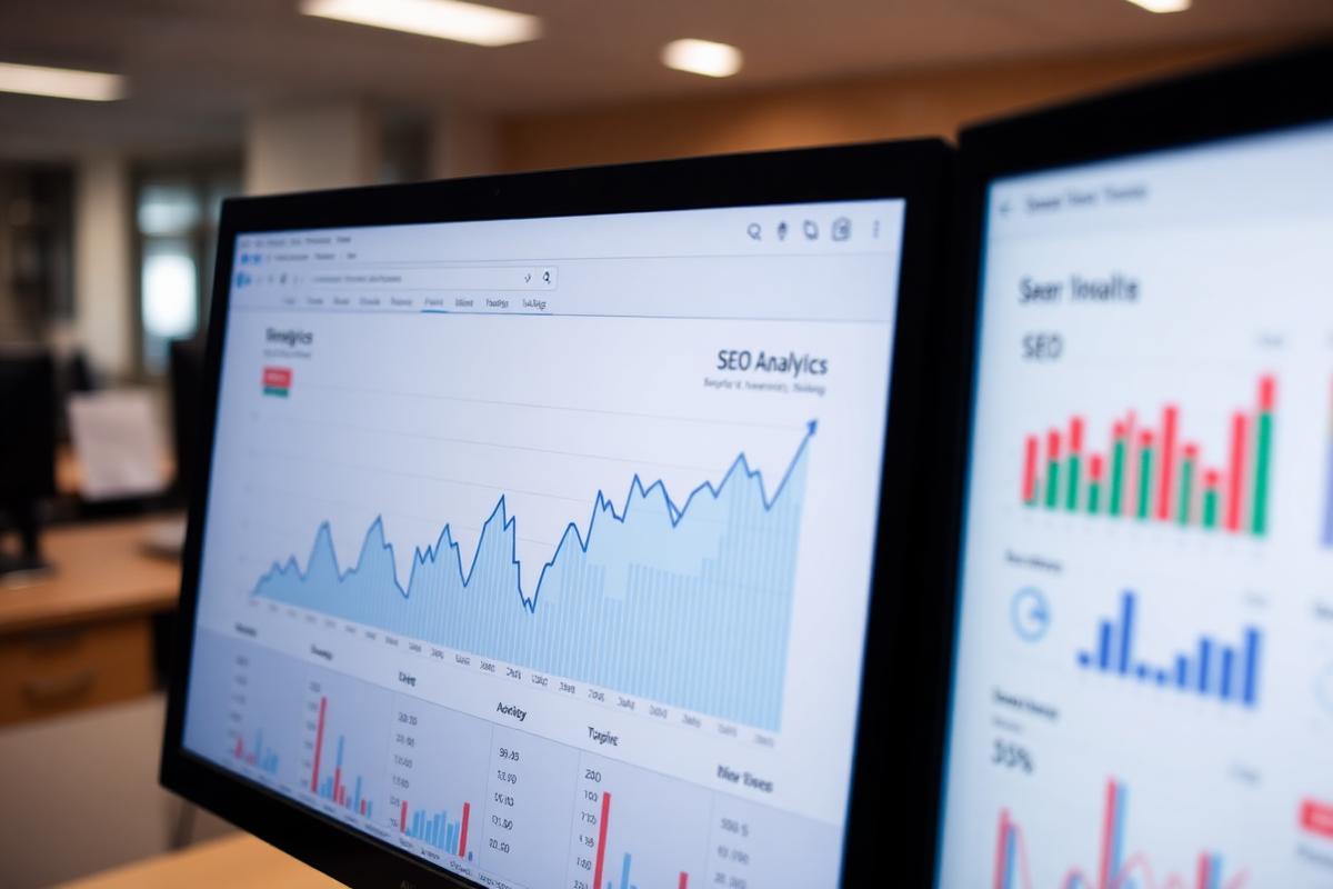 SEO analytics dashboard with search performance graphs displayed on an office monitor