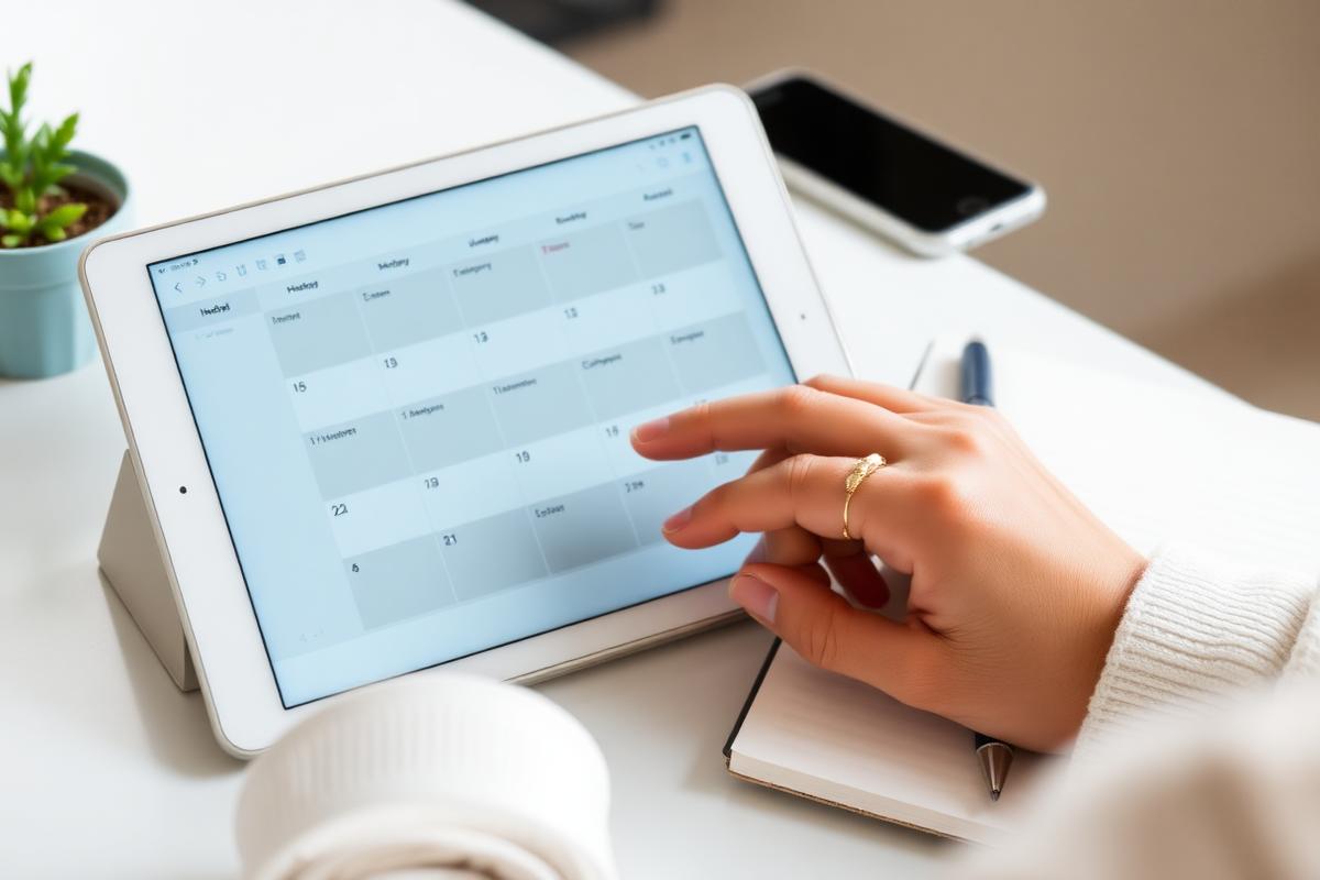 Marketer planning a social media content calendar on a tablet at a desk