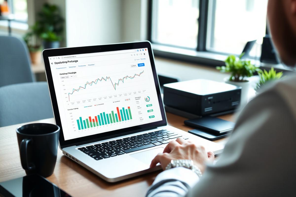 Marketer analysing paid advertising campaign performance charts on a laptop