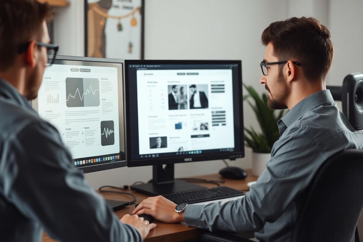 Web designer reviewing landing page layouts on a desktop monitor