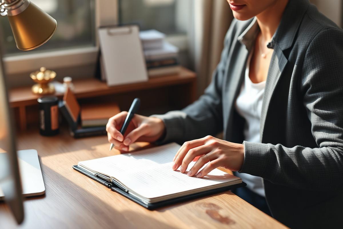 Content writer drafting a marketing article at a desk with notebook and pen